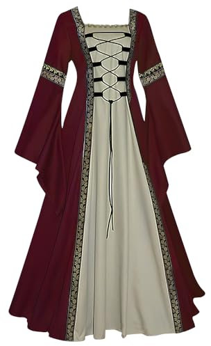 Feynman - Robe femme médiévale, à manches trompettes - Reine victorienne - Robe maxi, de Renaissance gothique - Costume de Carnaval, Halloween, Fête, Princesse - Bordeaux - L