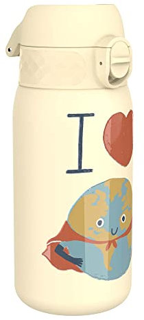 ION8 Isolierte Edelstahl-Trinkflasche, 320 ml, Auslaufsicher, Einhandöffnung, Sichere Verriegelung, Spülmaschinenfest, Klappdeckel, Tragegriff, Leicht zu Reinigen, Langlebig, Liebe Erde-Design
