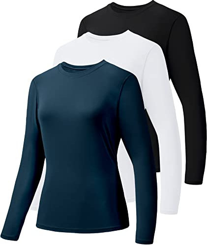 Holure 3er-Pack Damen Langarmshirts UPF50+ Sonnenschutz T-Shirts U-Ausschnitt Wandershirt Running Workout Performance Tee Schwarz/Weiß/Marine M