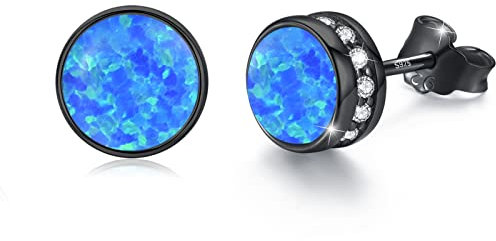 Blaue Opal Ohrstecker 925 Sterling Silber Rund Ohrstecker Hypoallergen für Damen & Mädchen (Dunkelblau+Schwarz)