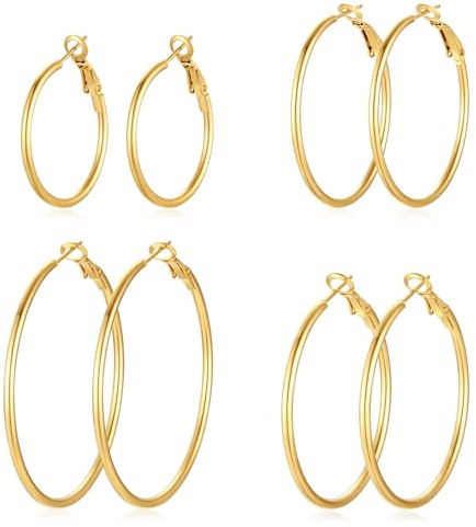 PICKBEAU Gold Large Hoop Earrings for Women | 14K Real Gold Plated Hypoallergenic Big Round Circle Hoops Women's Loop Earrings Set for Women(30/40/50/60mm)