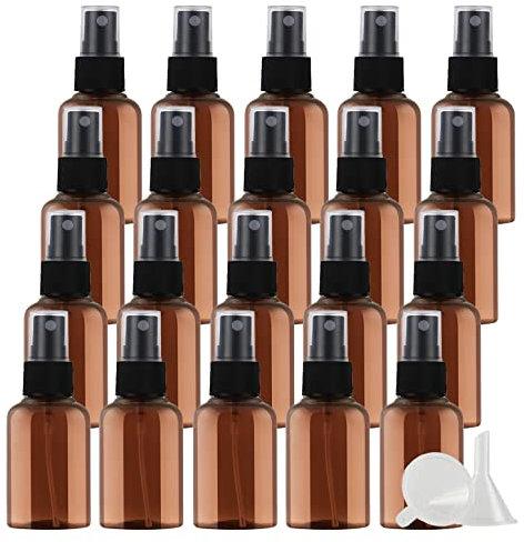PQPAUTY 50 Piezas Pequeño 50ml Botella de Spray Plástico PET Vacías Marrón con Bomba en Spray Negro de Niebla Atomizador para Perfume Viaje Artículos de Agua Cosmético, 6 Piezas Embudo