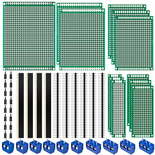 Miuzei Set di 48 schede PCB 12 schede prototipo a doppia faccia universali per saldatura con 10 morsetti a vite a 2 e 3 pin10 connettori maschio/femmina e 16 colonne in nylon