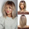 HAIRCUBE Blonde Perücken für Frauen, Schulterlange Stufenhaarperücke mit Dunklem Ansatz, Synthetische Kurzperücke mit Pony für Den Alltag oder Cosplay