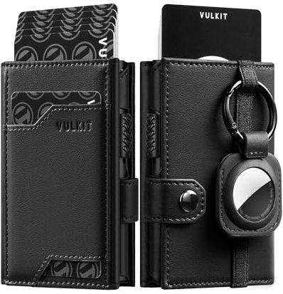 VULKIT Portafoglio Uomo Porta Carte di Credito Schermato RFID con Scomparto Banconote e Finestra ID e Portachiavi Rimovibile Compatibile con AirTag, Napa Nero