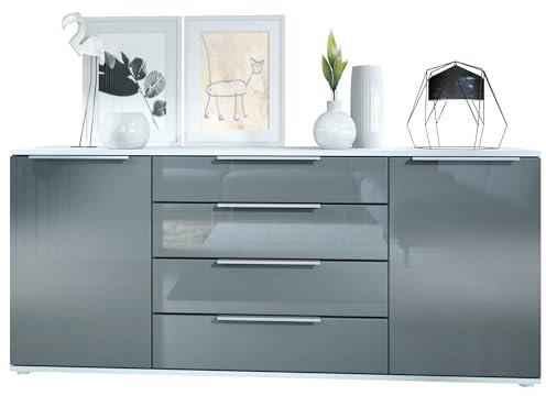 Sideboard Linio V2 – Moderne Kommode mit 2 Türen & 4 Schubladen, Weiß matt/Grau Hochglanz, 166,5 x 72,5 x 35 cm (BxHxT) – Beistellschrank Anrichte Standschrank