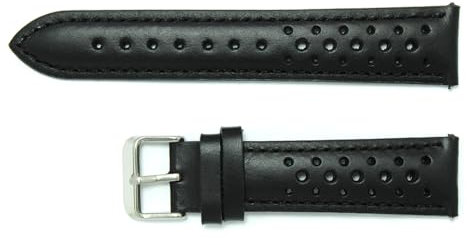 AIMVALUE Rallye-Racing-Uhrenarmband aus schwarzem Leder, 18 mm, 19 mm, 20 mm, 21 mm, perforiert, atmungsaktiv, Vintage-Stil, gepolstert, mit silberfarbener Schnalle, 20 mm, Leder