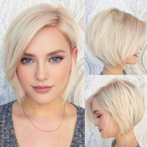 Siudus Bob Blonde Glatte Perücke für Frauen Kurzer Seitenteil Synthetische geschichtete Haar Perücke für den täglichen Partygebrauch