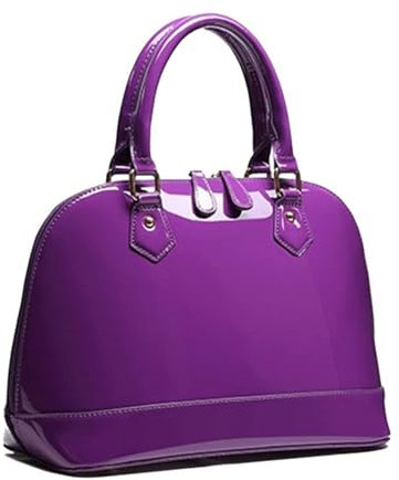 Kuppeltasche aus Lackleder, mit Reißverschluss, mehrere Taschen, glänzend, großer Griff oben, Violett