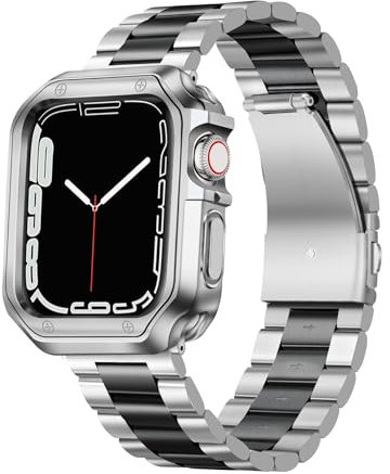 BINLUN Bracelet Compatible avec Apple Watch 40mm 38mm 41mm Bracelets Montre Acier Metal avec Boîtier TPU Compatible avec iWatch Serie SE/SE2/9/8/7/6/5/4/3/2/1 Homme Femme(Argent-Noir,38mm/40mm/41mm)