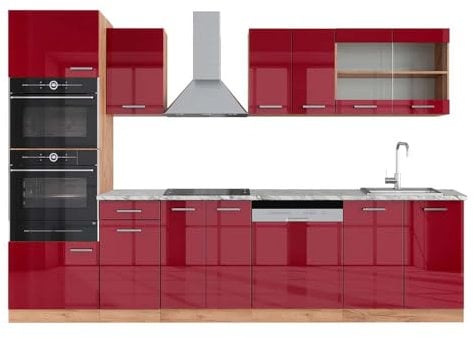 Vicco Küchenzeile R-Line, Rot Hochglanz/Goldkraft Eiche, 300 cm mit Hochschrank, AP Marmor
