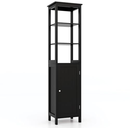 LIFEZEAL Hochschrank Bad, Badregal Badezimmerschrank mit 3 offenen Fächern, Flurschrank Badkommode für Küche, Badezimmer, Wohnzimmer, 40 x 32 x 161,5 cm (Schwarz)