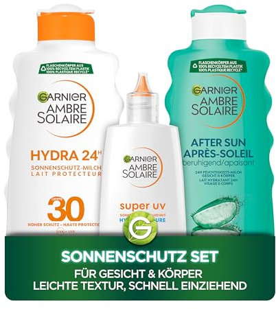 Garnier Ambre Solaire Sonnenschutz Set für Gesicht & Körper: Gesichts Fluid LSF50+ (40ml), Milch LSF30 (200ml) & After Sun Lotion (400ml)| Mit Hyaluron & Aloe Vera |Leichte Textur, schnell einziehend