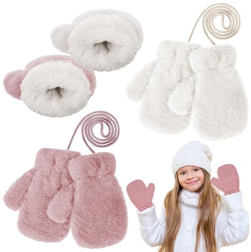 Yimomoyi 2 Paar Kinder Winter Fäustlinge, Fleece Handschuhe für Kleinkinder, Kinderhandschuhe auf Schnur, Warme Fausthandschuhe, Geburtstag Weihnachten Geschenke für 3 4 5 6 7 Jahre (Weiß + Rosa)