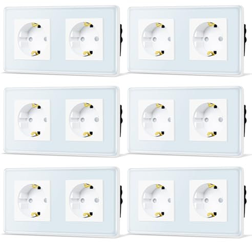 TAWOIA Schuko Steckdose, EU-Standard 2 Fach Unterputz Mit 2,5D Curved Glas Platte, Wandsteckdosen Weiß 86 * 157mm 6er-Pack