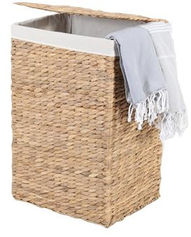 LANA S IN600 - Panier de rangement avec couvercle - 45 l - Sac intérieur en coton - En jonc de mer naturel - Panier à linge tressé - Fait à la main
