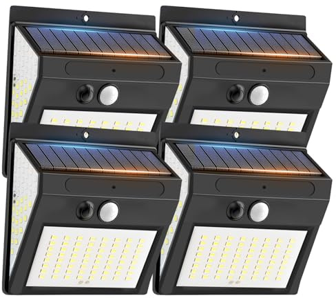 Fosingut Spot Solaire Exterieur Détecteur Mouvement,144 LED Lumiere Solaire Exterieur,3 Modes 270° Eclairage Exterieur Solaire,Etanche IP65 Lampe Mural Applique Exterieur pour Jardin,Chemin,Cour-4PCS