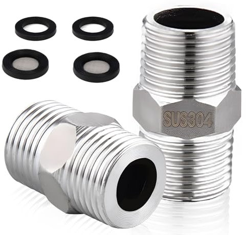 2 Piezas de Acero Inoxidable de Doble Pezón 1/2 Pulgada (20 mm), Con 2 Elementos de Filtro y 2 Juntas Para Tuberías álvulas Conectores, Adaptador de Manguera de Ducha, Para Varias Tuberías