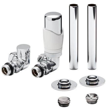 MILANO White Corner Thermostatic Lockshield Radiator Valve Pipe Sleeve Kit | Brass Construction. Fits Radiators & Towel Rails. Corner Valve Design. Contemporary Style. 1/2 Threads. Fits 15mm Pipes.