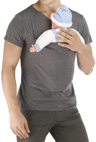 T-shirt kangourou à manches courtes pour homme - Confortable - Réglable - Grandes poches - T-shirt fonctionnel conçu pour porter bébé - Col en V, gris, M