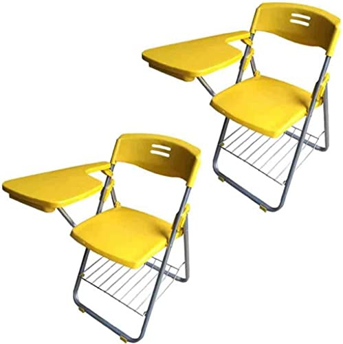 2 Pack Yellow Plastic Folding Chairs with Writing Tablet for Training Conferences Durable Steel Frame for Business & Learning