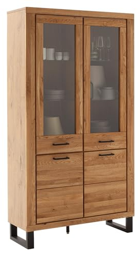 Lomadox Wohnzimmer Vitrine Vitrinenschrank mit 108 cm Breite in Eiche teilmassiv, mit 2 Glastüren & 2 Holztüren, Echtholz/Massivholz-Fronten, geölt