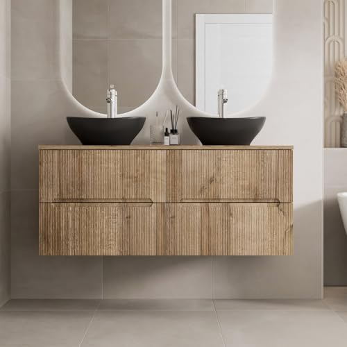 Vitusso® 1200mm Fluted Bathroom Cloakroom Vanity Unit Countertop Double Oval Black Basin Sink Wall Hung Storage Furniture Soft Close, Oak