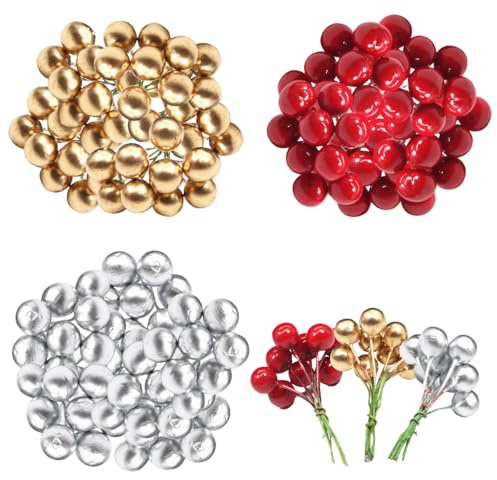 TSLBW 300 bacche di agrifoglio di Natale, colore rosso, oro e argento, bacche artificiali per ghirlande di Natale, decorazioni per albero, decorazioni per feste (15mm)
