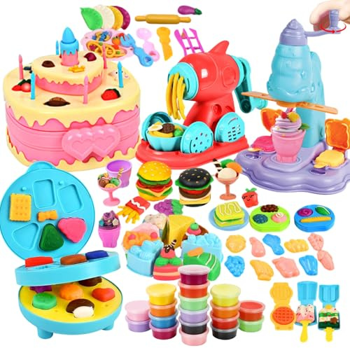 Polegas 4 in 1 Color Dough Tools Set with Cake, Ice Cream, Noodle, Hamburger Maker Machine Dough Accessories Tools, Modelling Clay Set, Kitchen Creations Dough Tools for Kids Age 3+, 24 Dough