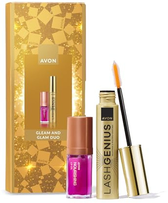 AVON Gleam and Glam Gift Geschenkset | pflegendes Lippenöl SPF12 + Lash Genius Mascara + Geschenkbox für Augen und Lippen
