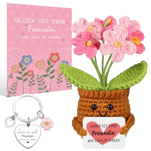 Szhhrxi Rosa Vergissmeinnicht Gestrickte Blumen Geschenk für Freundin, Pocket Hug Positive Geburtstagsgeschenk mit Schlüsselanhänger & Grußkarte, Glücksbringer Positive Danke Geschenk für Frauen