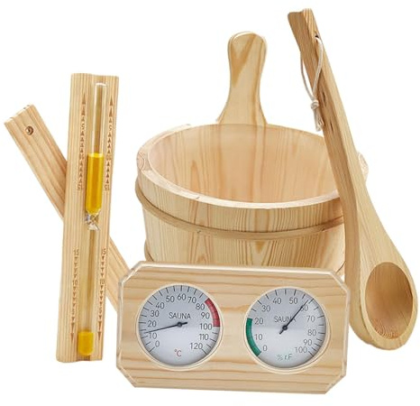 Ronyme Ensemble d'accessoires pour Sauna : Seau 4 L Robuste et Multifonction avec poignée, thermomètre, hygromètre, louche pour Piscine et Baignoire