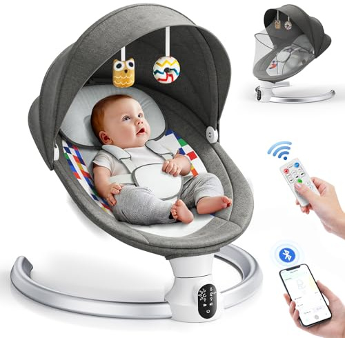 Helangel Babywippe, Babyschaukel Elektrisch mit Kabel und mit Bluetooth, Elektronisch Baby Schaukelsitz Babywippe und Liegestuhl für Kinder bis 9 kg, 3 Timer-Modi, Dunkelgrau