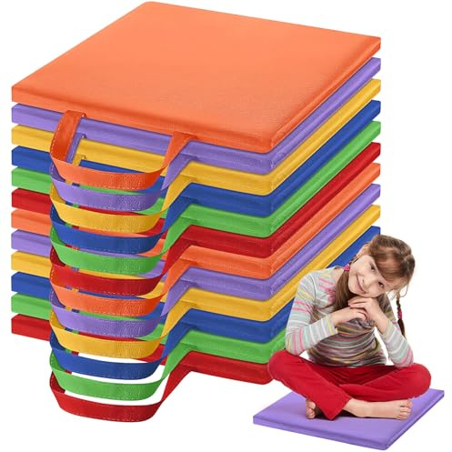 ASMIZ 12 Pcs Square Floor Cushions for Kids, 30×30×2.5 cm Flexible Classroom Seating with Handles, Soft Foam Carpet Cushions for Home School Nursery Daycare (6 Bright Colours)