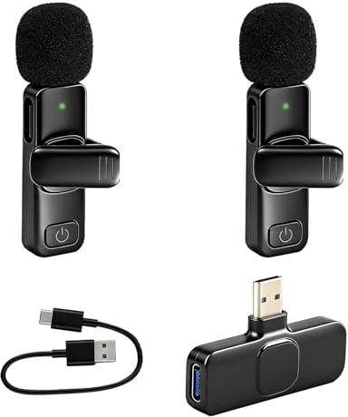 Wireless Lavalier Microphone for iPhone iPad Android, 2 Pack Mini Clip On Microphones with Noise Reduction, Plug and Play Bluetooth Microphone Wireless USB C Lavalier Mic for Video Recording Vlogging