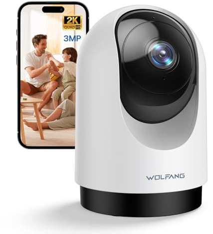 WOLFANG Indoor Camera, Pan Tilt Security Camera for Home, 360° Pan/110° Tilt Auto Tracking, Motion & Sound Alerts, Night Vision up to 26 ft, 2-Way Audio, 2.4GHz WiFi, Alexa/Google Home