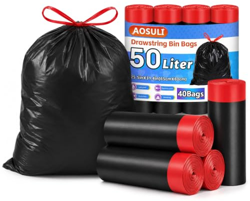 AOSULI 50L Heavy Duty Black Bin Bags, 40 Counts Swing Bin Liners | Heavy-Duty Pedal Bin Liners, Drawstring Closure, Ideal for Kitchen Bins and Household Waste