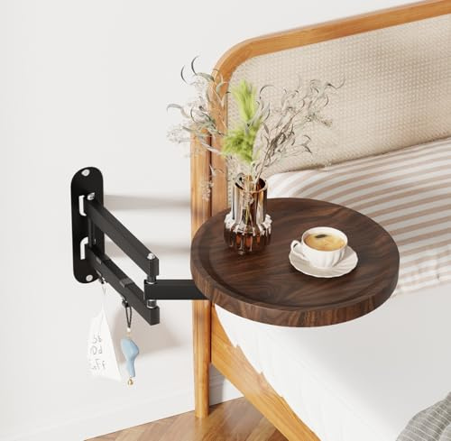 Menaka Wall Mounted Folding Side Table Bedside Shelf for Sofa Bed, 28cm Round Small Drop Leaf Floating Coffee Table Desk Nightstand with Retractable Brackets for Bedroom Living Room (dark walnut#2)