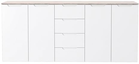 Forte Moreno Kommode 180, Moderne Kommode mit 4 Türen und 4 großer Schublade, Schlaf/Wohnzimmer, Flur, Holzwerkstoff, Weiß, 179 cm breit x 80,1 cm hoch x 41,5 cm tief