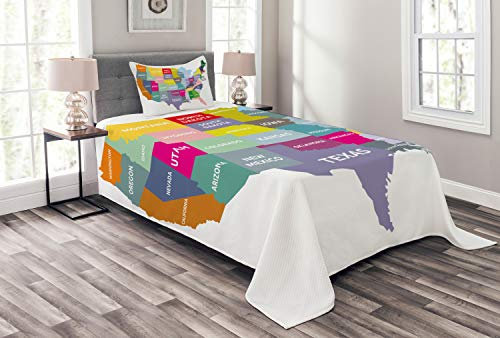 ABAKUHAUS Karte Tagesdecke Set, USA Karte Bunte Staaten, Set mit Kissenbezügen Sommerdecke, für Einzelbetten 170 x 220 cm, Mehrfarbig