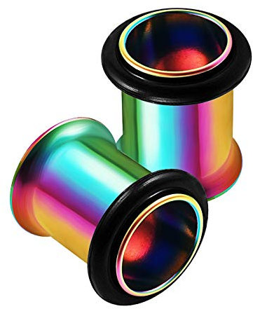 KJM FASHION 2 Stk Regenbogen Eloxiert 8mm 0 Gauge Single Flared Tunnel Black O-Ring Tunnel Ohrringe Flesh Plugs Dehnen ohrloch Earplugs Piercing Schmuck 1831