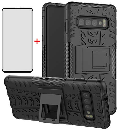 Phone Case for Samsung Galaxy S10 with Tempered Glass Screen Protector Cover and Stand Kickstand Hard Rugged Hybrid Accessories Heavy Duty Rubber Shockproof S 10 10S GS10 SX Samsungs10 Girls Men Black