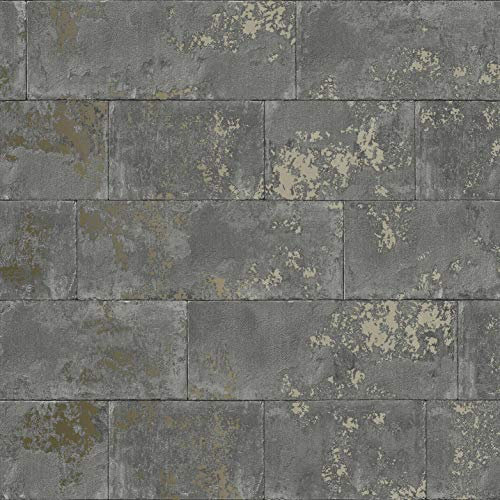 Concrete Brick Effect Wallpaper Charcoal Grey Black Metallic Stone Industrial