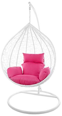 Kideo Komplettset: großer Hängesessel mit Gestell & Kissen, Korbsessel, Poly-Rattan (Korb & Gestell: weiß, Kissen: pink Nest (3333 hot pink))