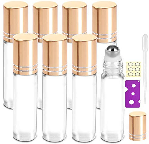 Yalbdopo 8pcs Essential Oil Roller Bottles - Refillable Transparent Glass Roll-on Bottles with Stainless Steel Roller Balls & Gold Cap, Includes 12 Labels, Dropper & Opener