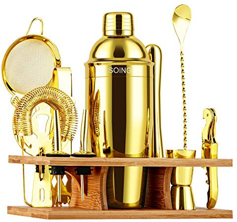 Soing 11-Piece Gold Bartender Kit,Perfect Home Cocktail Shaker Set for Drink Mixing,Stainless Steel Bar Tools with Stand,Velvet Carry Bag & Cocktail Recipes Cards (Gold)