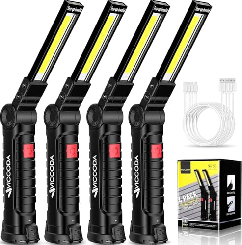 VICOODA LED Rechargeable Work Light with Magnetic Base, Hanging Hook, 360° Rotate, 5 Modes, USB Portable Mechanic Light for Car Repair, Grill, Outdoor, Emergency, Tight Spaces (4 Pack)