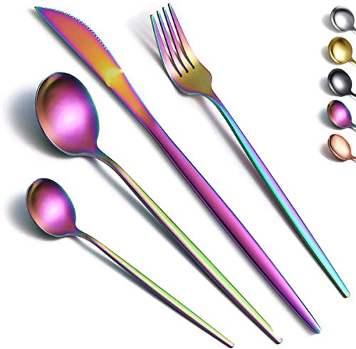 Kyraton Rainbow Cutlery Set 16 Pieces, Stainless Steel Flatware Set, Titanium Plating Rainbow Silverware Set Strong Anti Rust, Dishwasher Safe, Tableware Set Serving 4 People.
