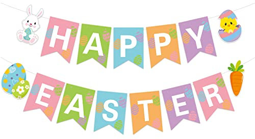 JOZON Happy Easter Banner Bunte Ostern Wimpelkette Banner Girlande mit Häschen Ostereier Küken Karotte Schilder Frühling Ostern Party Dekorationen für Kaminsims Kamin