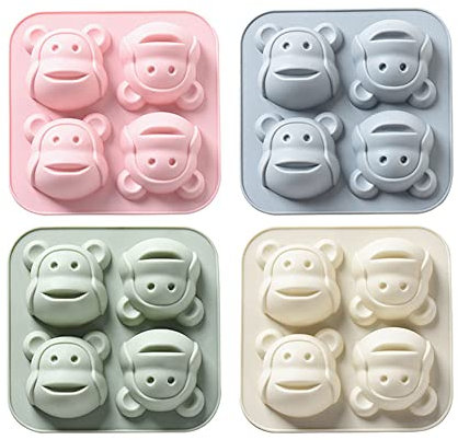 4er-Pack Tier-Affen-Seifenformen Antihaft-Tier-Wackelpuddingform 4 Mulden Pralinenformen Silikon-Backformen Affenformen Für DIY-Süßigkeiten-Kuchen, Kekse, Eiswürfel, Fondant, Pudding, Gelee